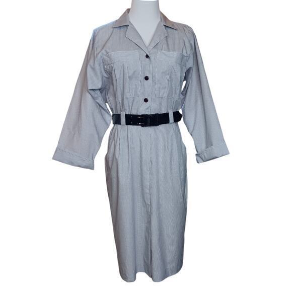 VINTAGE Union Made Cotton Blend Shirt Dress 1970s 1980 Blue White Stripe Size 10 - Picture 1 of 16